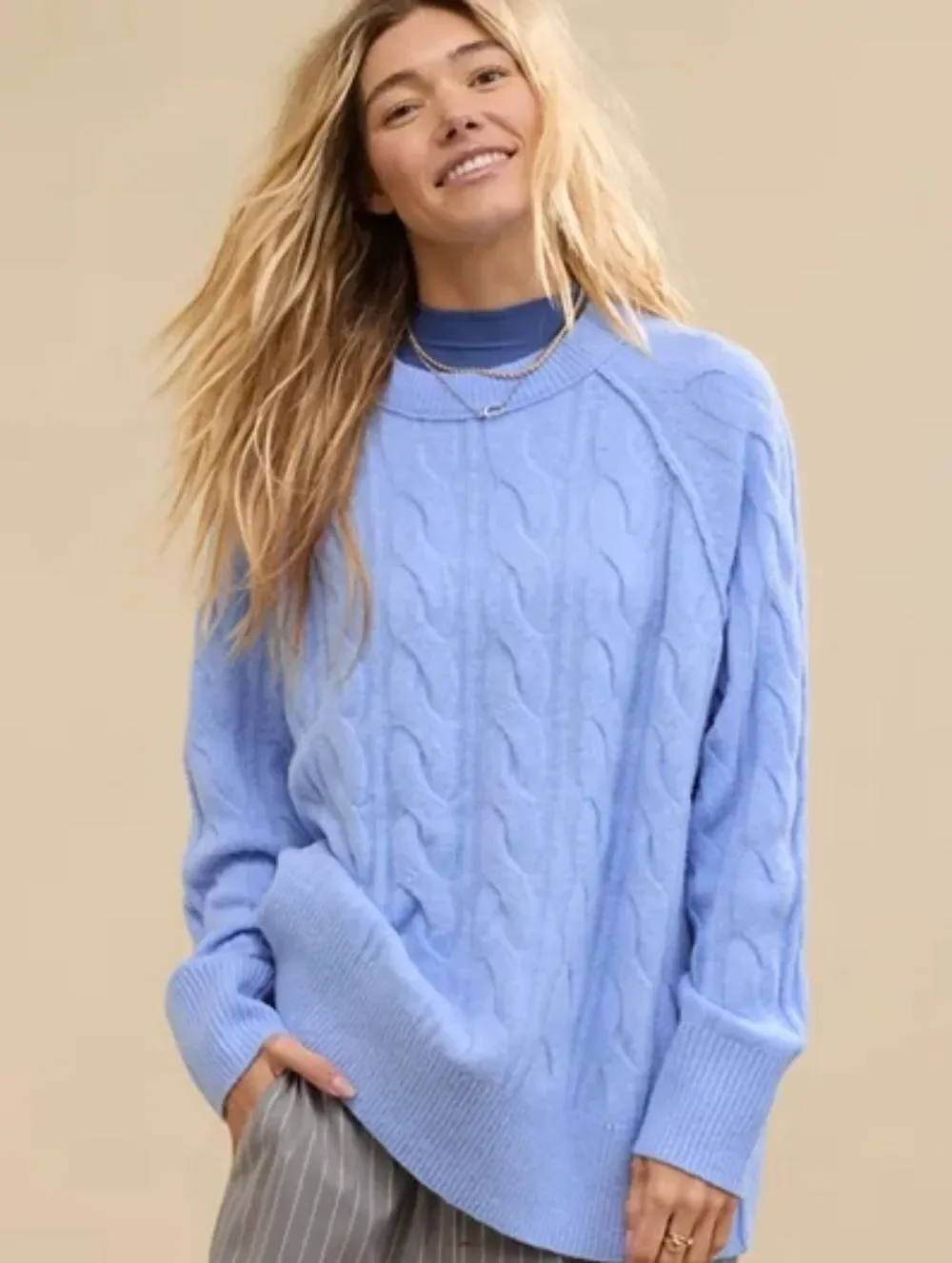Aerie Womens Ocean Sky Blue unREAL Cable Crew Oversized Sweater Size XS